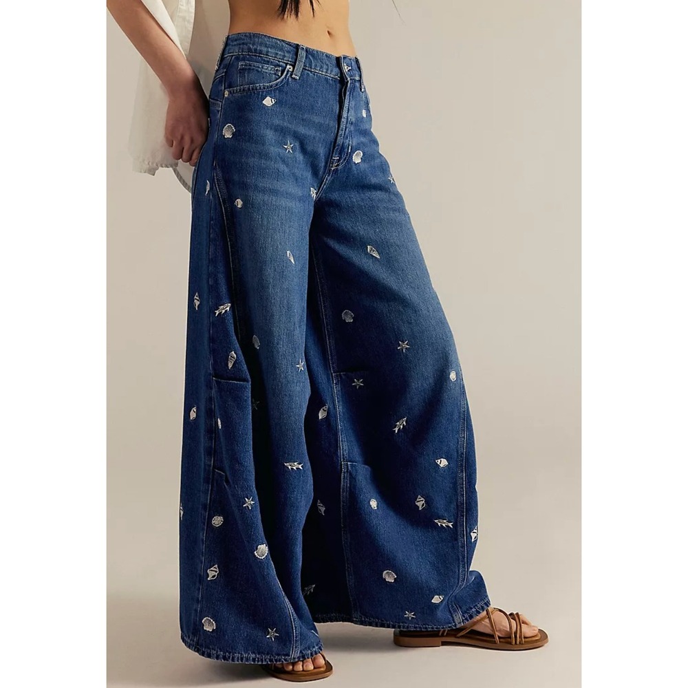 Free People We The Free Westward Embroidered Jeans Womens 28 Blue Under The Sea